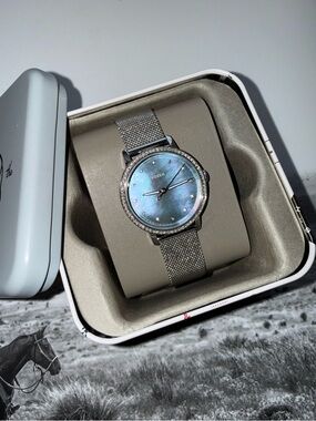 Fossil Women's Stainless Steel Three Hand Watch Mesh Band 16mm Silver and Blue